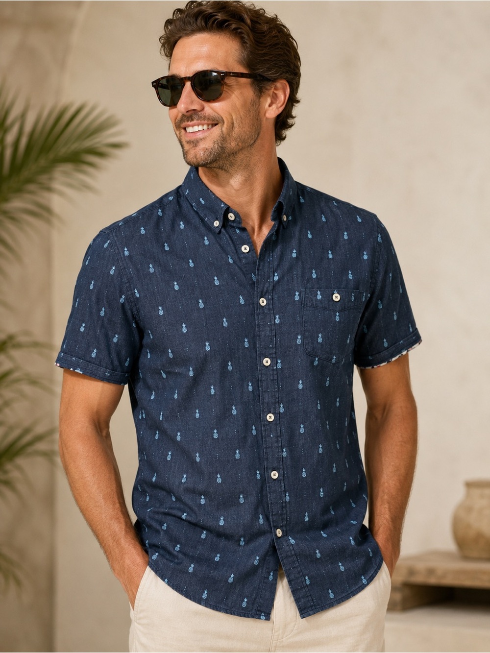 7 Diamonds Grain of Sand Pineapple Print Chambray Button Front Western Blue L